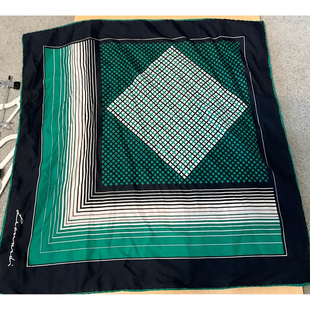 Leonardi Geometric Square Scarf Green Navy Blue White Striped Grid Print - Picture 5 of 5